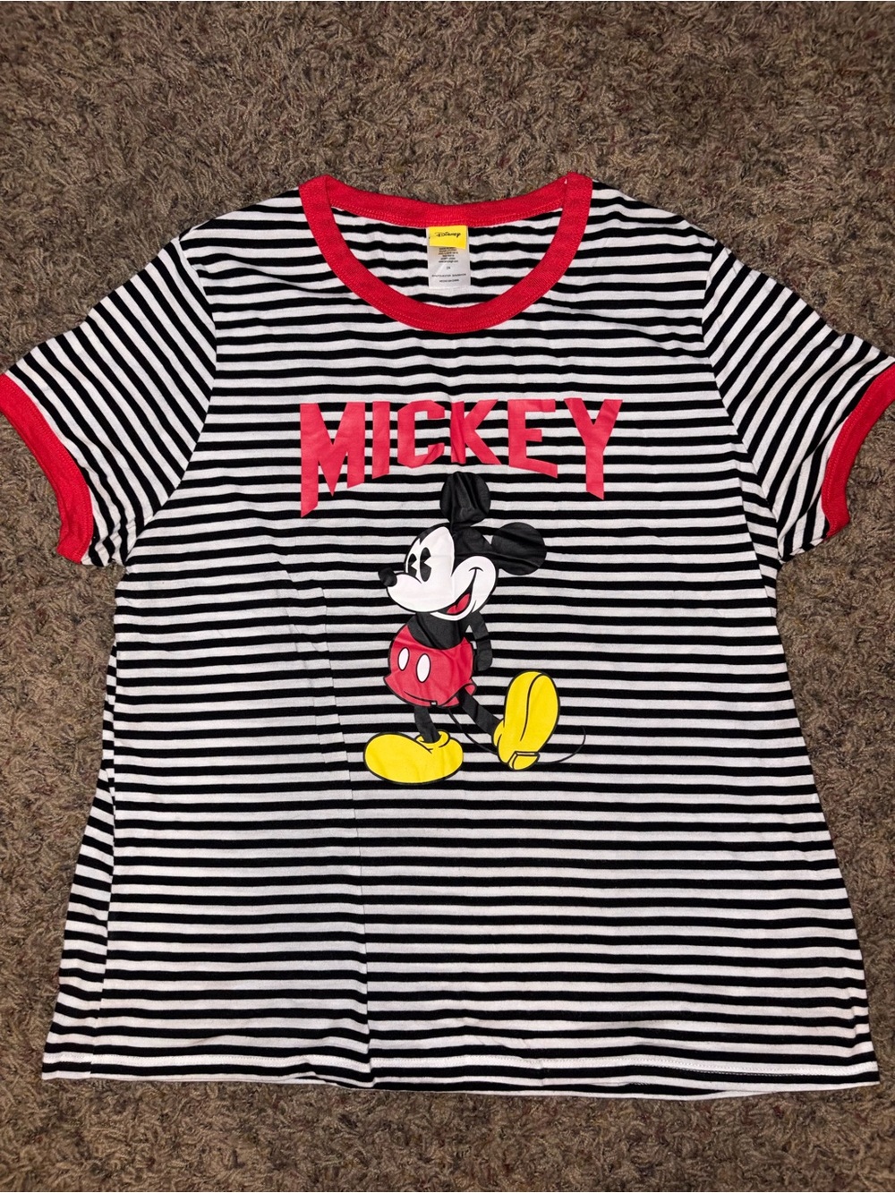 Disney Black & White Striped Mickey Tee with Red Trim and Yellow Accents